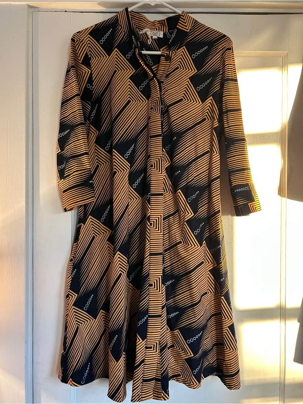 Geometric Navy and Mustard Midi Shirt Dress by Zuri